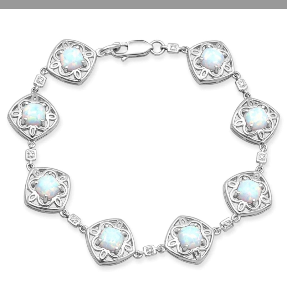 Jewelili Sterling Silver with Created Opal and Natural Diamonds Link Bracelet